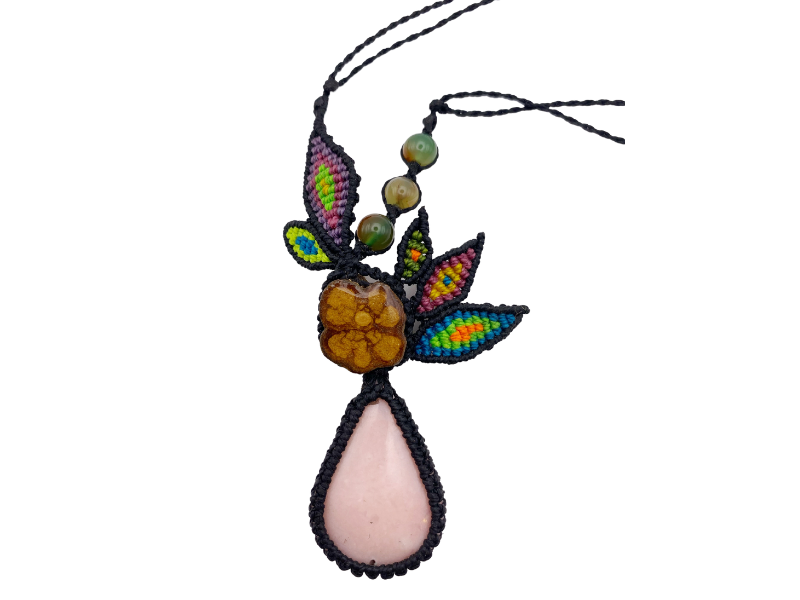 Shipibo Conibo Beadwork and Vine Rose Quartz Necklace