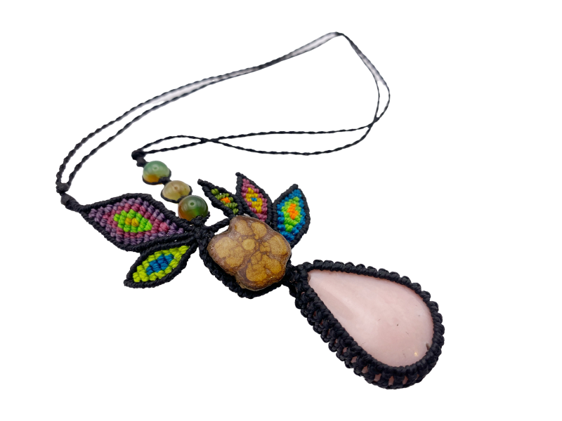 Shipibo Conibo Beadwork and Vine Rose Quartz Necklace