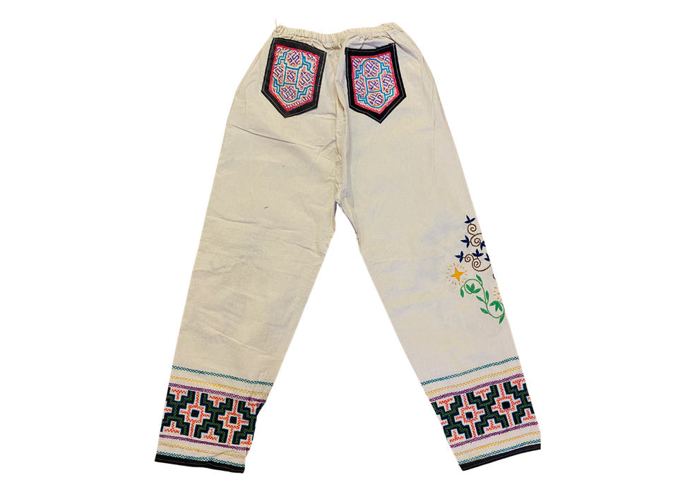Shipibo Conibo Embroidered Trousers - Cream with Bobinsana Mermaid