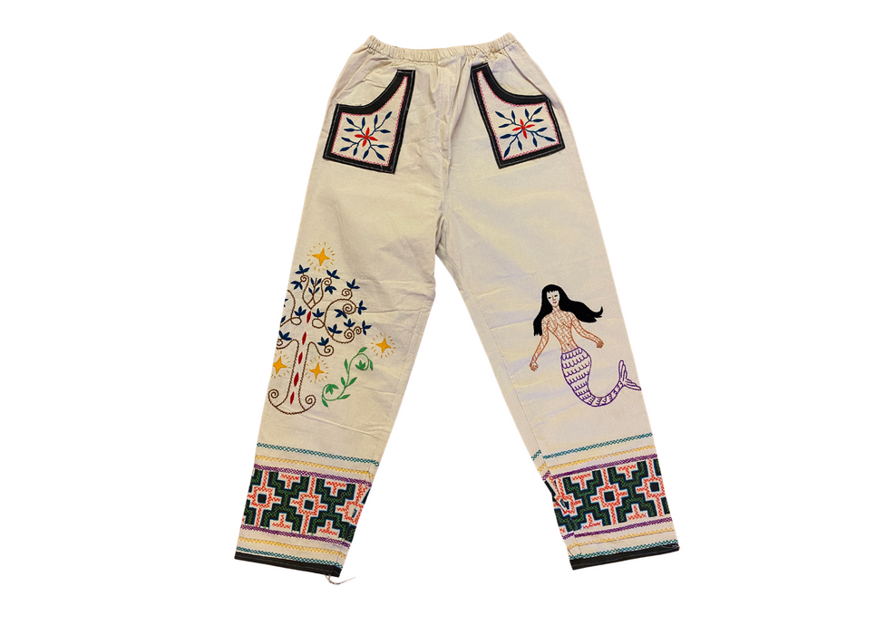 Shipibo Conibo Embroidered Trousers - Cream with Bobinsana Mermaid